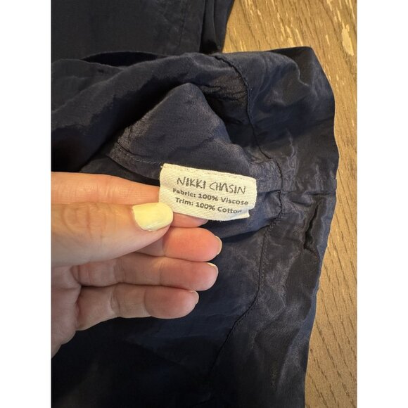 Nikki Chasin Small Sonnet Dress Ruffle Collar Cuff Eyelet Button Maxi Silky Navy - Picture 14 of 15